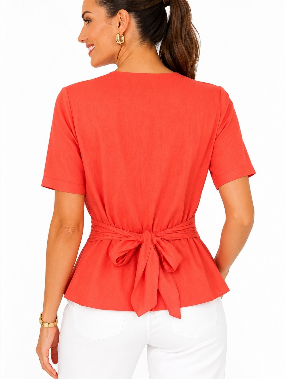 Louis Feraud Coral Cotton Peplum Blouse Tie Back Gold Logo Buttons US 12 - Picture 8 of 12